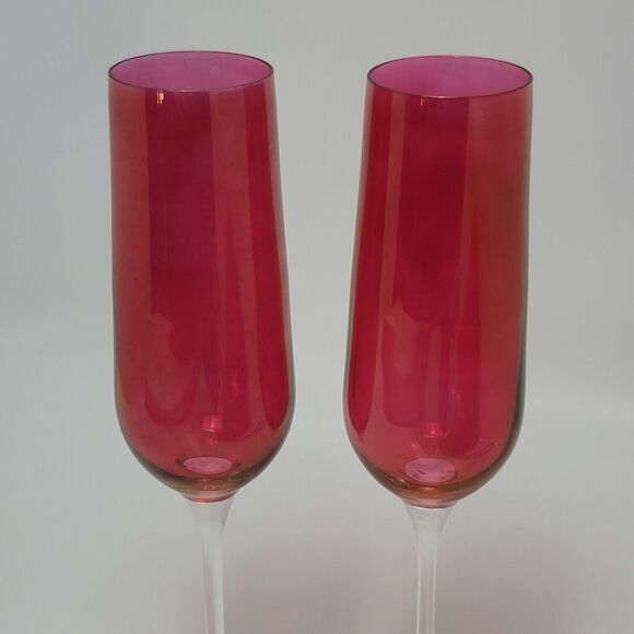 Ruby Red Luster Crystal Champagne Toasting Flutes 9 1/2 Inches - Picture 4 of 8